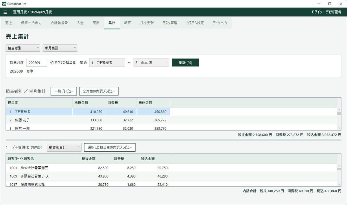 売上集計の画面